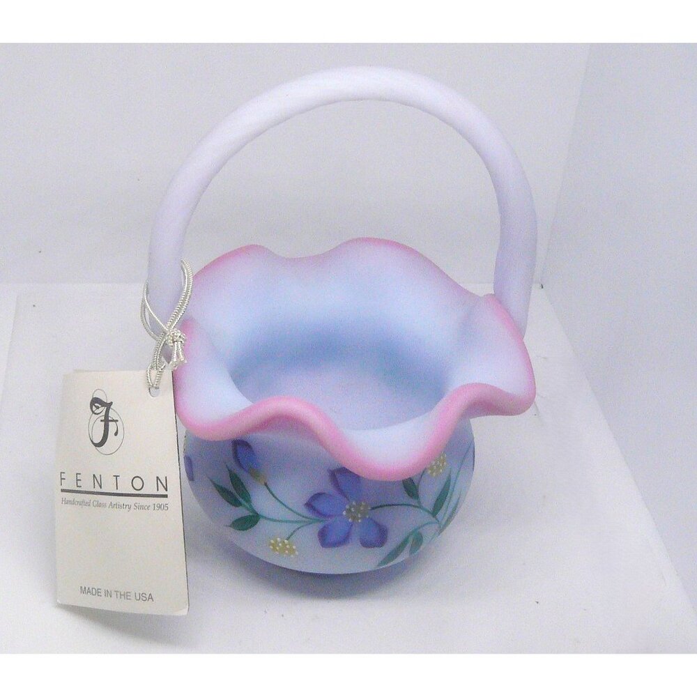 Fenton Handcrafted Glass Basket with Floral Design & Pink Rim 2335 of 2750